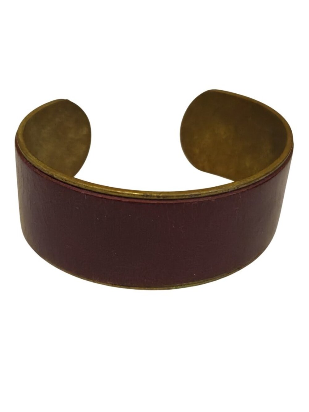 Dark Burgundy Red Faux Leather Brass Cuff Bracelet